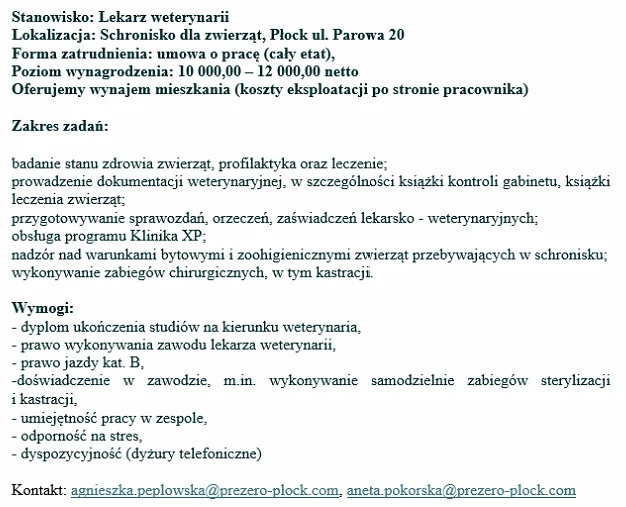 Ogłoszenie o naborze na Stanowisko Lekarza Weterynarii